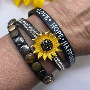 Love, Hope, Happiness Black Leather Bracelet with Sparkling Sunflower Snap! 🌻